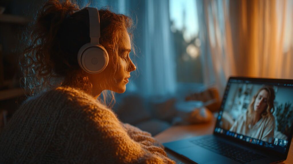 Фрилансер на онлайн-консультации с психологом за ноутбуком