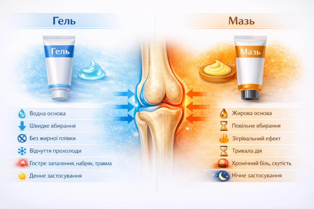 Порівняння гелю та мазі для лікування болю в суглобах: гель швидко вбирається та підходить при гострому запаленні, мазь має тривалу зігрівальну дію та використовується при хронічному болю.