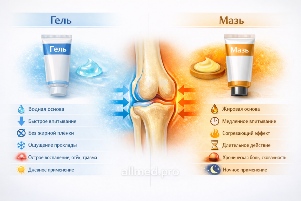 сравнение мази и геля по воздействию на сустав
