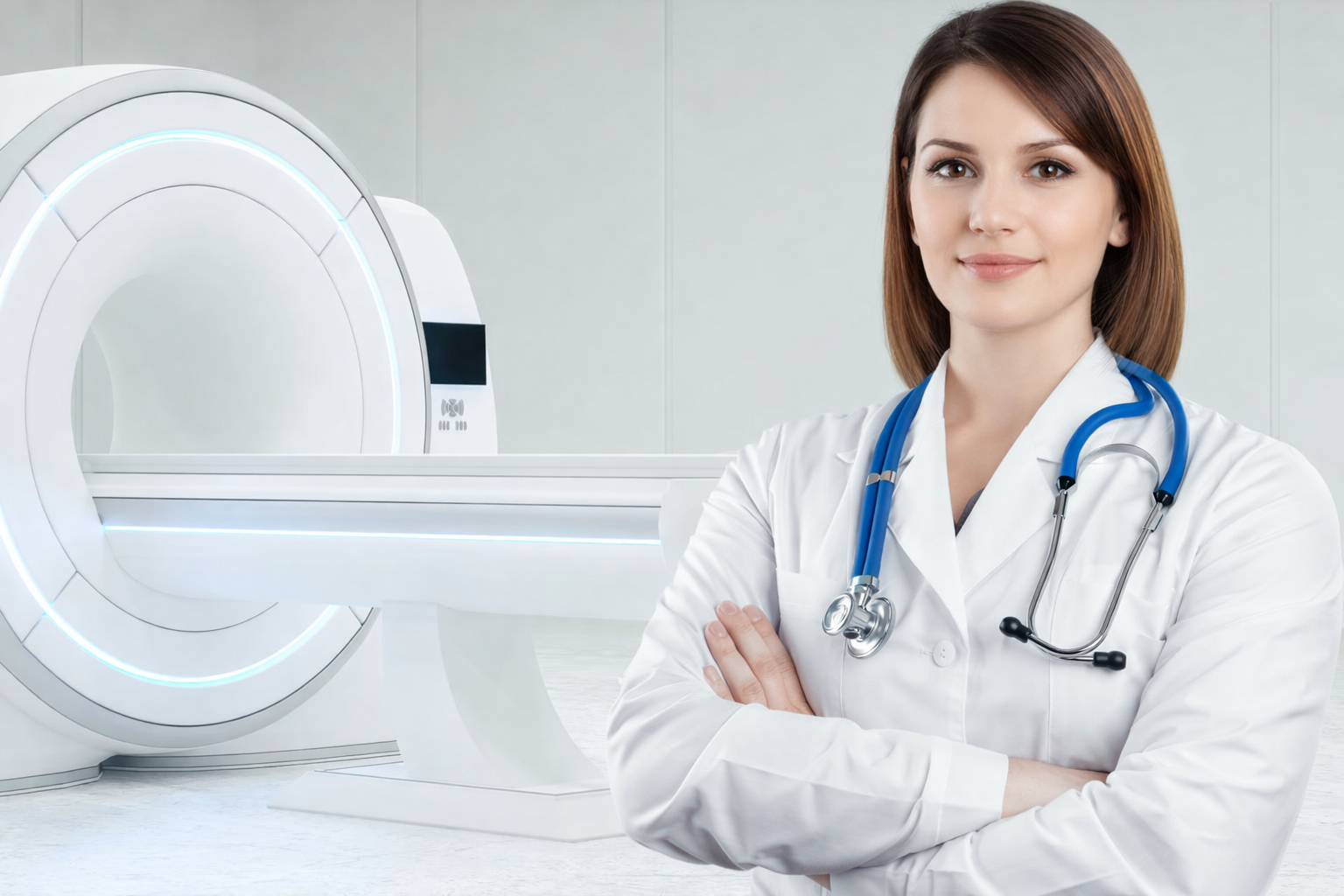Женщина-врач со стетоскопом на фоне современного аппарата МРТ в светлом диагностическом кабинете