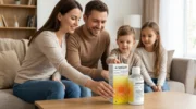 Родина з двома дітьми сидить у вітальні біля домашньої аптечки, на столі упаковка та флакон препарату Атоксіл