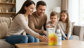 Родина з двома дітьми сидить у вітальні біля домашньої аптечки, на столі упаковка та флакон препарату Атоксіл
