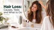 Woman checking her hair for signs of hair loss in front of a mirror