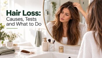 Woman checking her hair for signs of hair loss in front of a mirror