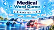 Medical Word Game Online – fun word puzzle with two racing ambulances, medical symbols, and letters forming words from CARDIOLOGY