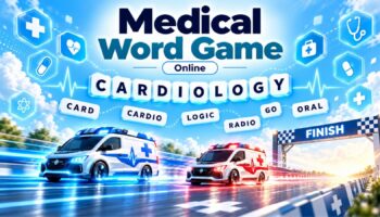 Medical Word Game Online – fun word puzzle with two racing ambulances, medical symbols, and letters forming words from CARDIOLOGY