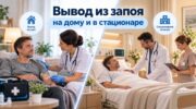 Вывод из запоя на дому и в стационаре — медицинская помощь пациенту, наблюдение врача и лечение алкогольной абстиненции.