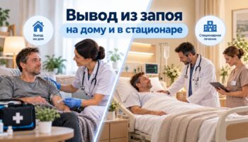 Вывод из запоя на дому и в стационаре — медицинская помощь пациенту, наблюдение врача и лечение алкогольной абстиненции.