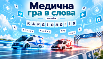 Медична гра в слова онлайн: банер із медичною словесною грою, двома машинами швидкої допомоги, словом «Кардіологія» та написом «Фініш»
